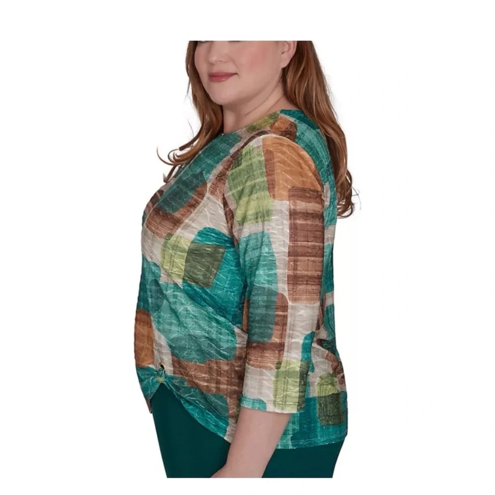 Alfred Dunner green colorblock top Plus Size Abstract Print 3/4 Sleeves